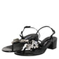 Black Leather Crystal Ankle Strap Sandals Shoes