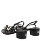 Black Leather Crystal Ankle Strap Sandals Shoes