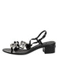 Black Leather Crystal Ankle Strap Sandals Shoes