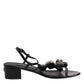 Black Leather Crystal Ankle Strap Sandals Shoes