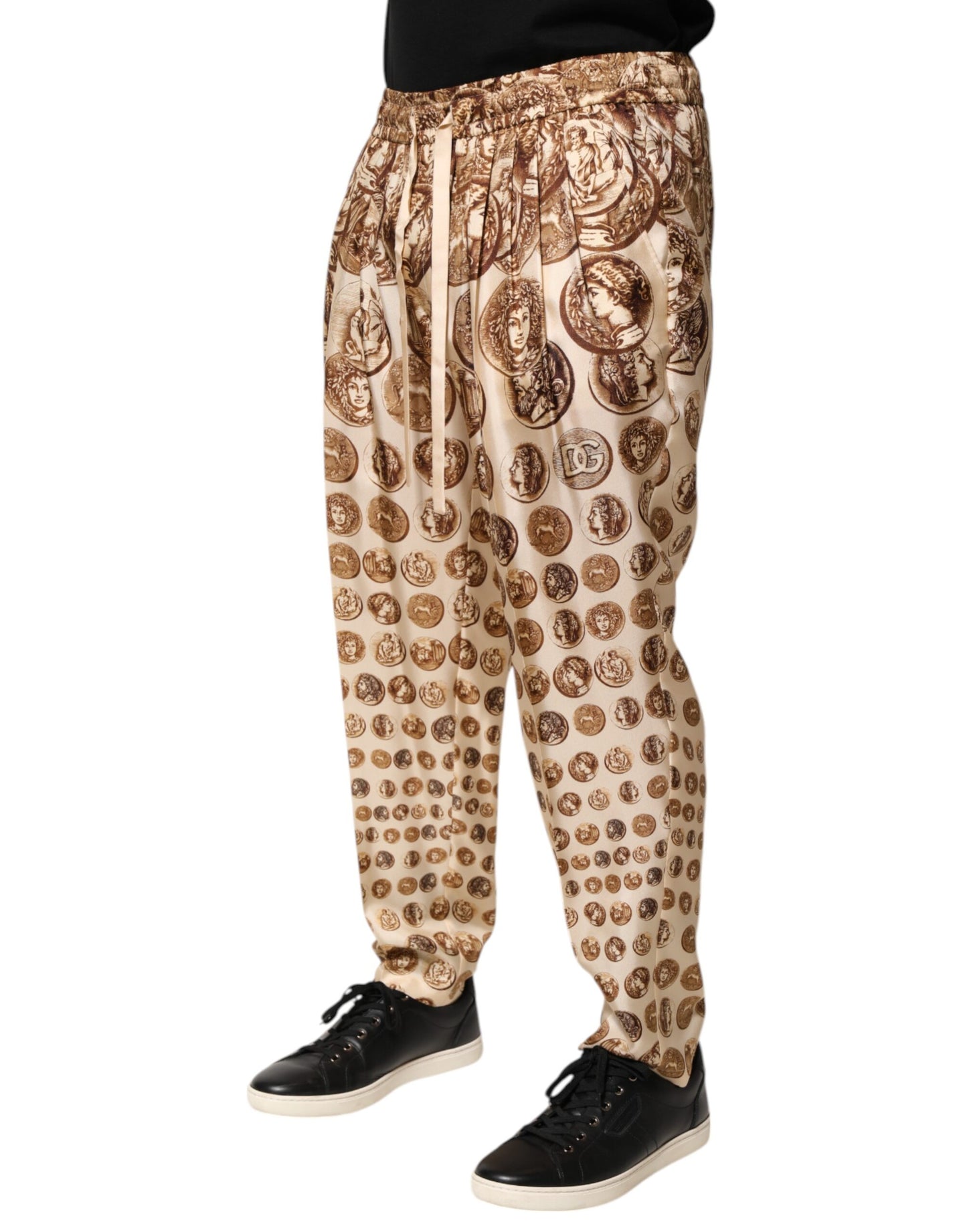 Beige Coin Print Silk Twill Men Jogger Pants