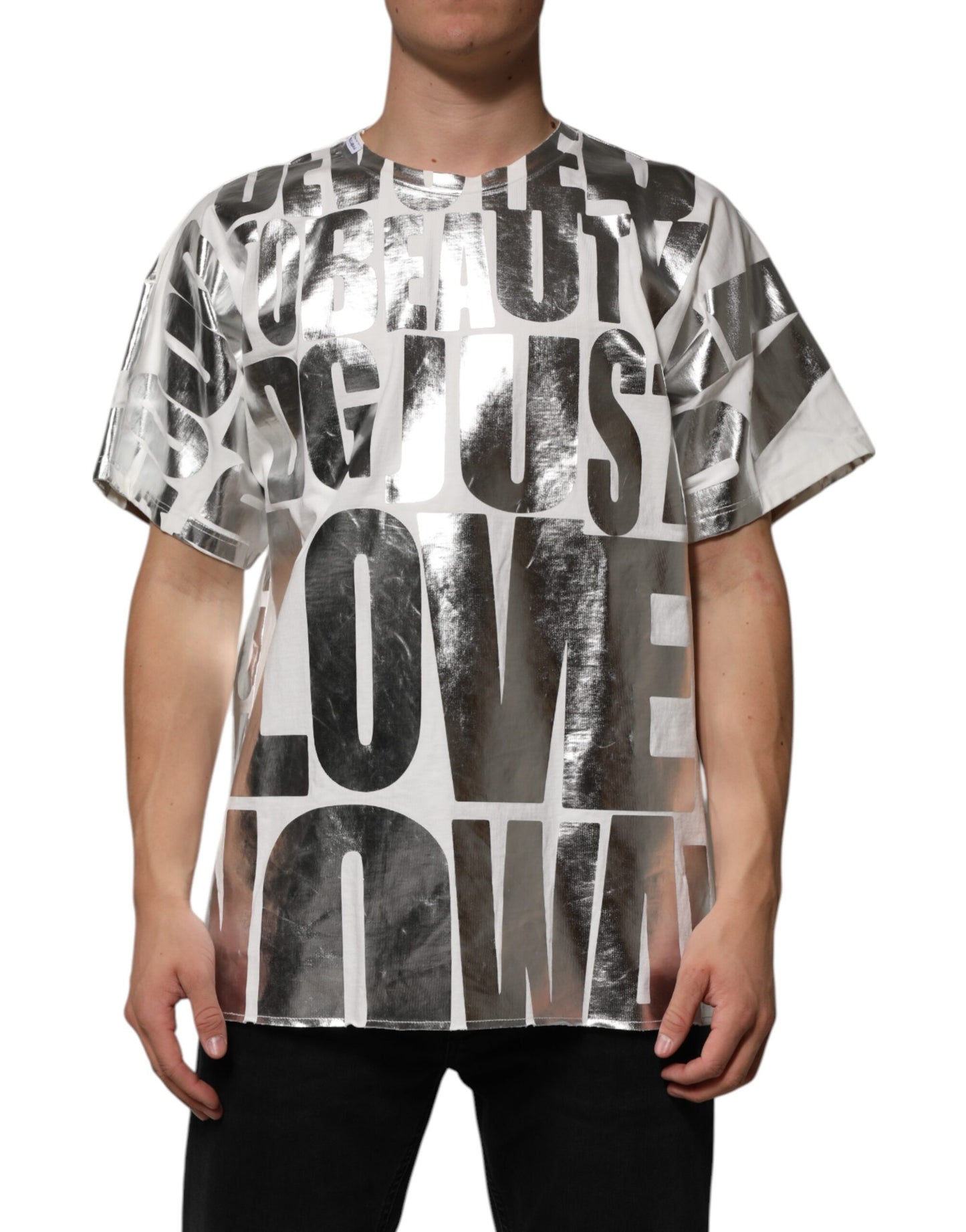 White Cotton Silver Metallic Slogan Print T-shirt