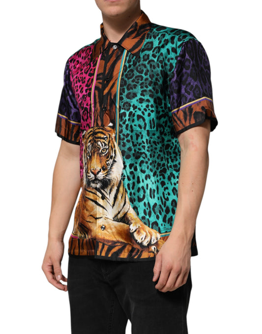 Multicolor Silk Tiger Print Hawaiian T-shirt