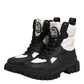 Black White Padded Mid Calf Lace Up Boots Shoes