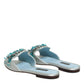 Silver Blue Leather Bead Embellish Slide Shoes