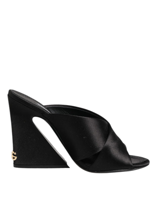 Black Logo KEIRA Satin Slides Sandals Shoes