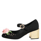 Black Flower Crystal Embellished Mary Jane Shoes