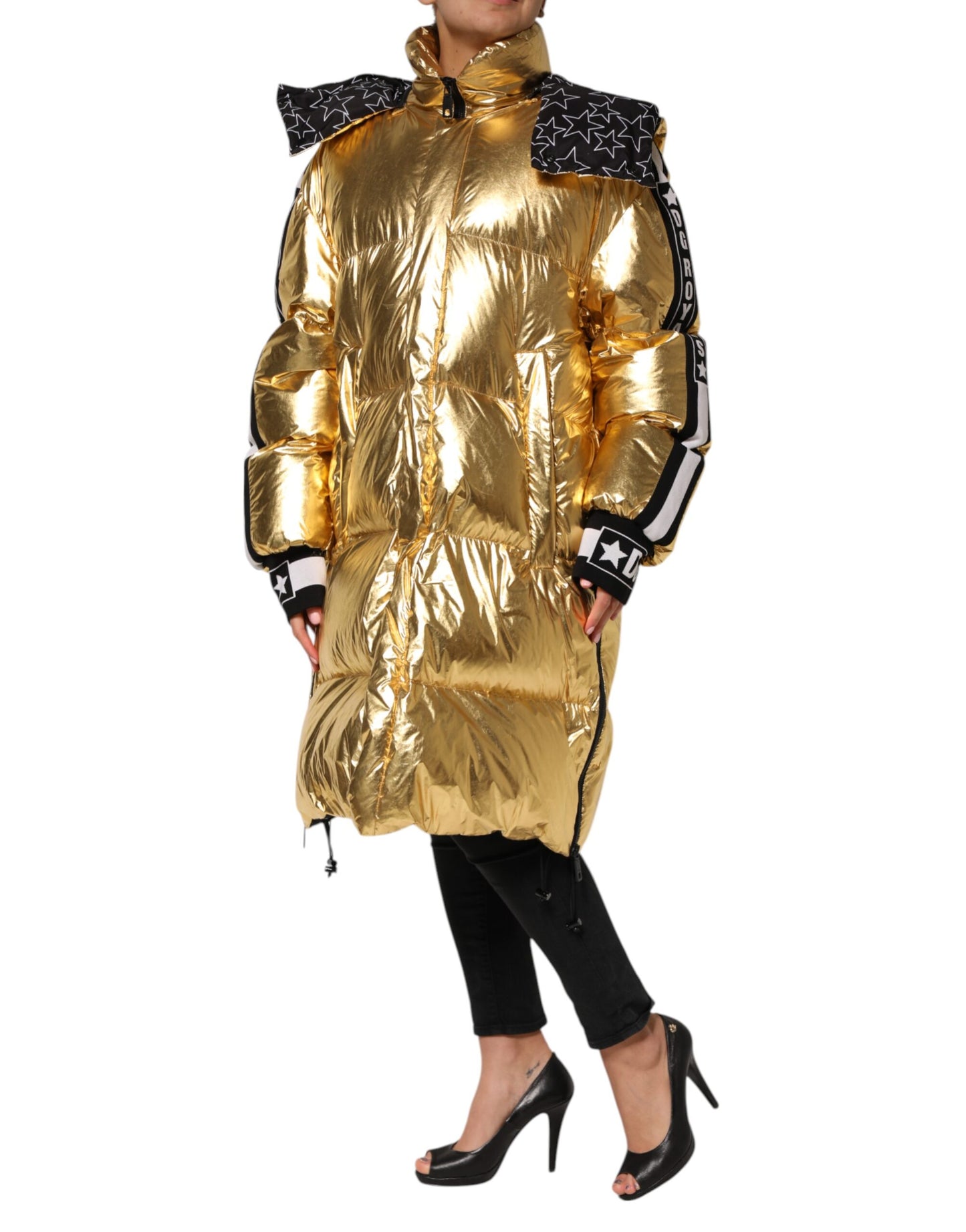 Gold Hooded Puffer Quilted Full Zip Jacket