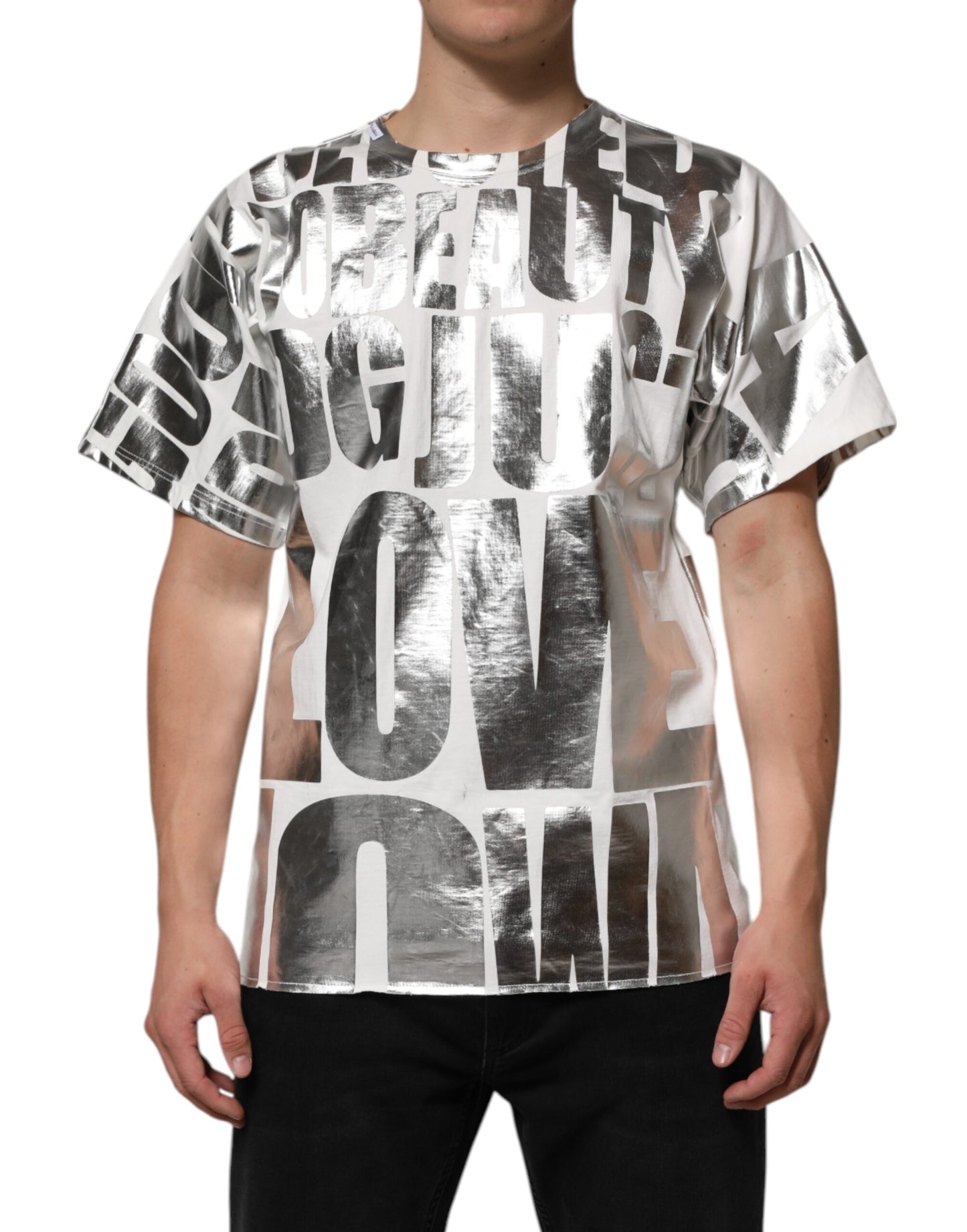 White Metallic Print Cotton CrewNeck T-shirt