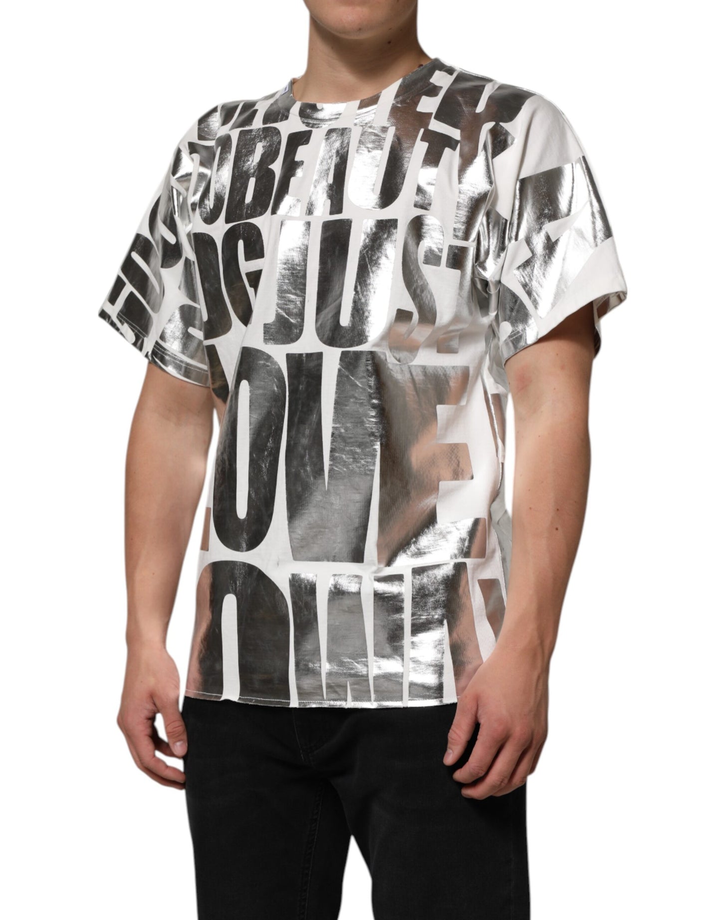 White Metallic Print Cotton CrewNeck T-shirt