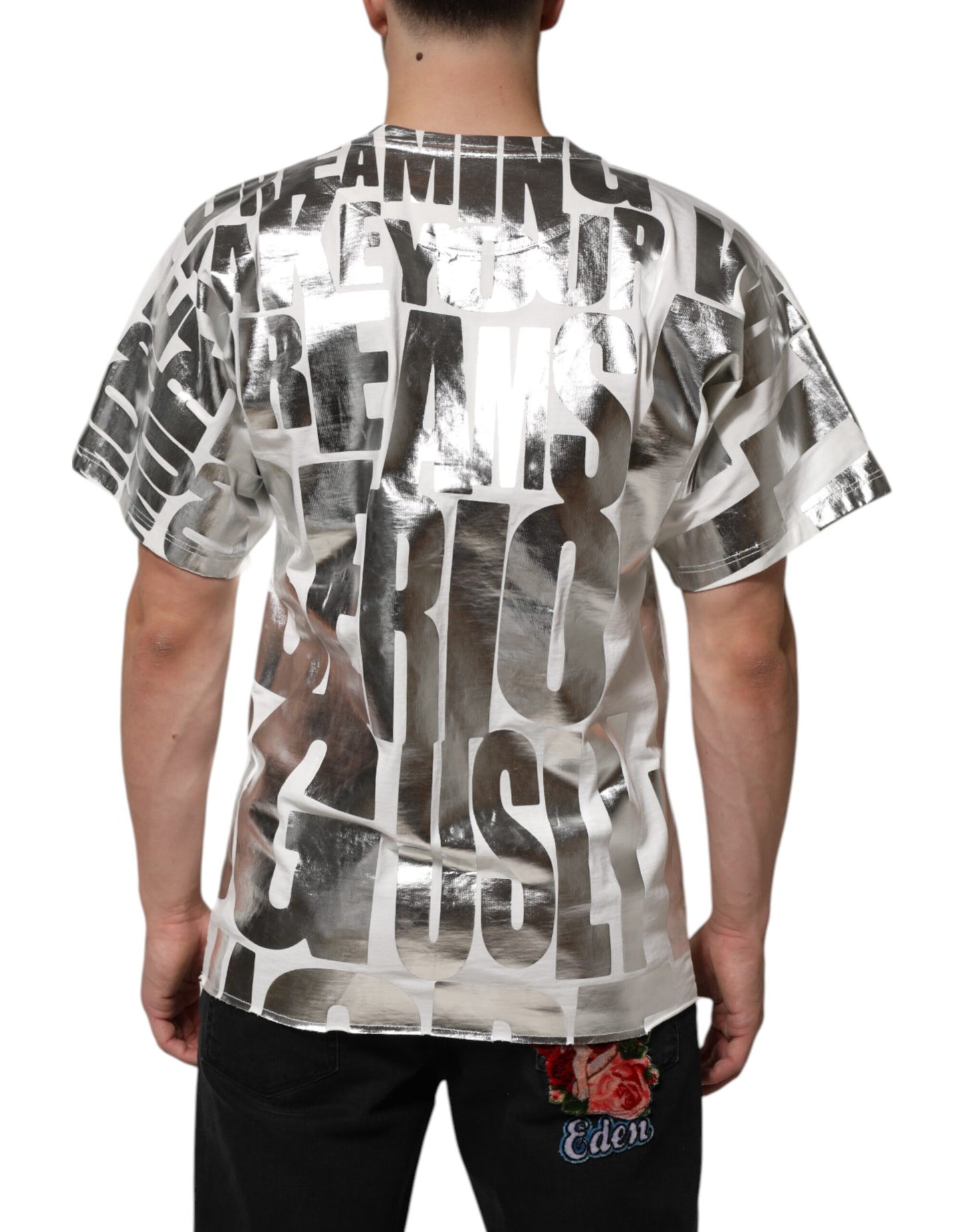 White Metallic Print Cotton CrewNeck T-shirt
