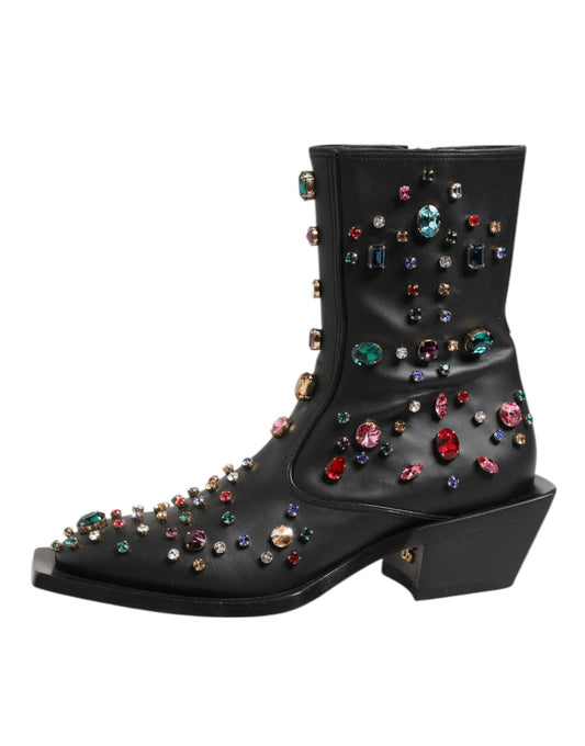 Black Crystal Cowboy Leather Men Boots Shoes