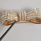 Gold Tone Brass Bow Crystal Faux Pearl Embellished Brooch