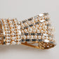 Gold Tone Brass Bow Crystal Faux Pearl Embellished Brooch