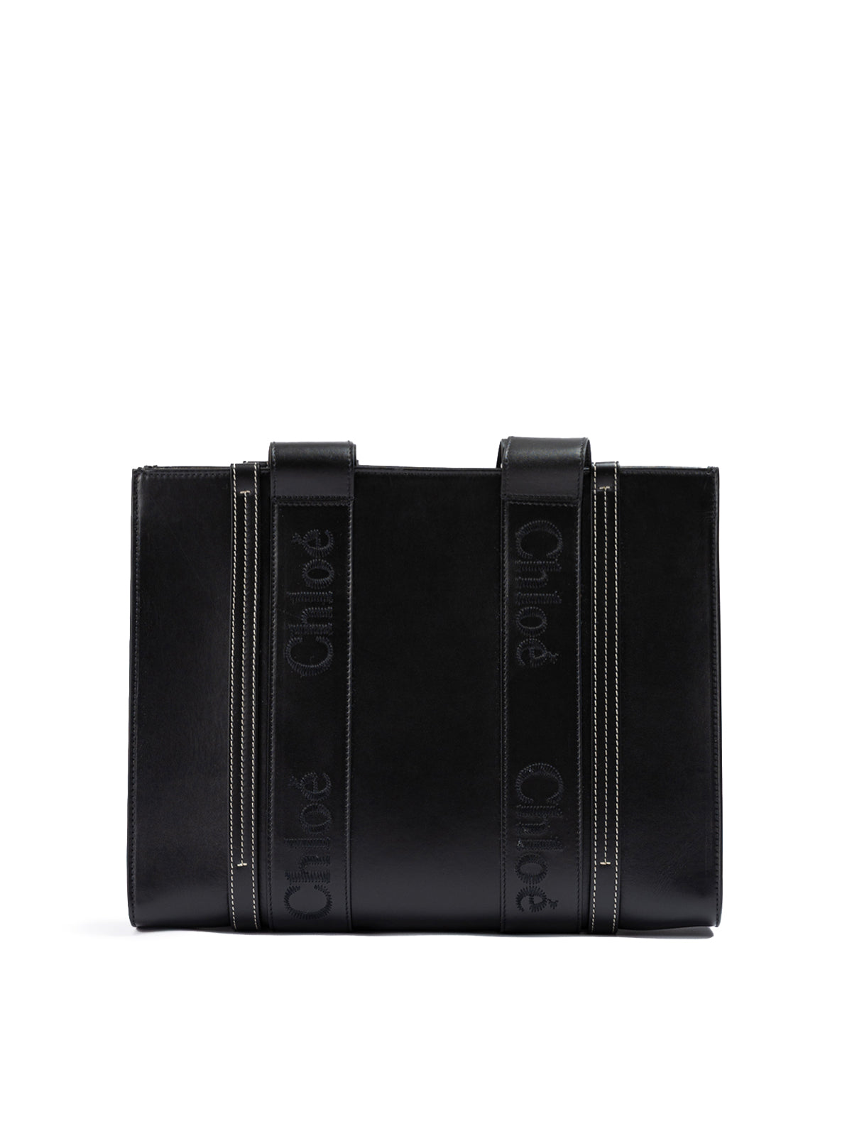 Black Woody Embroidered Logo Leather Medium Tote Bag