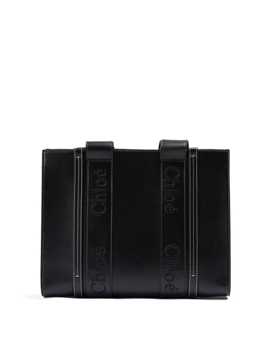 Black Woody Embroidered Logo Leather Medium Tote Bag