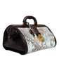 Blue Brown Leather Floral Jacquard Travel Handbag Bag