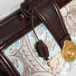 Blue Brown Leather Floral Jacquard Travel Handbag Bag