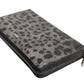 Black Gray Leopard Leather Zip Around Continental Wallet
