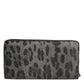 Black Gray Leopard Leather Zip Around Continental Wallet