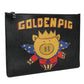 Black Leather Golden Pig Print Men Clutch Pouch Borse Bag