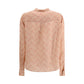 Blouse with foliage print and refined stand-up collar