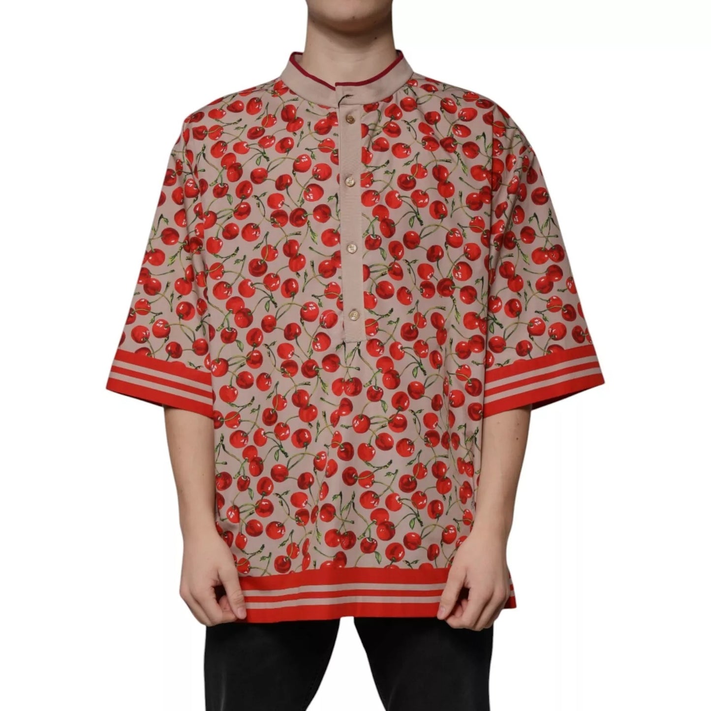 Beige Cherry Nylon Buttoned Casual Shirt