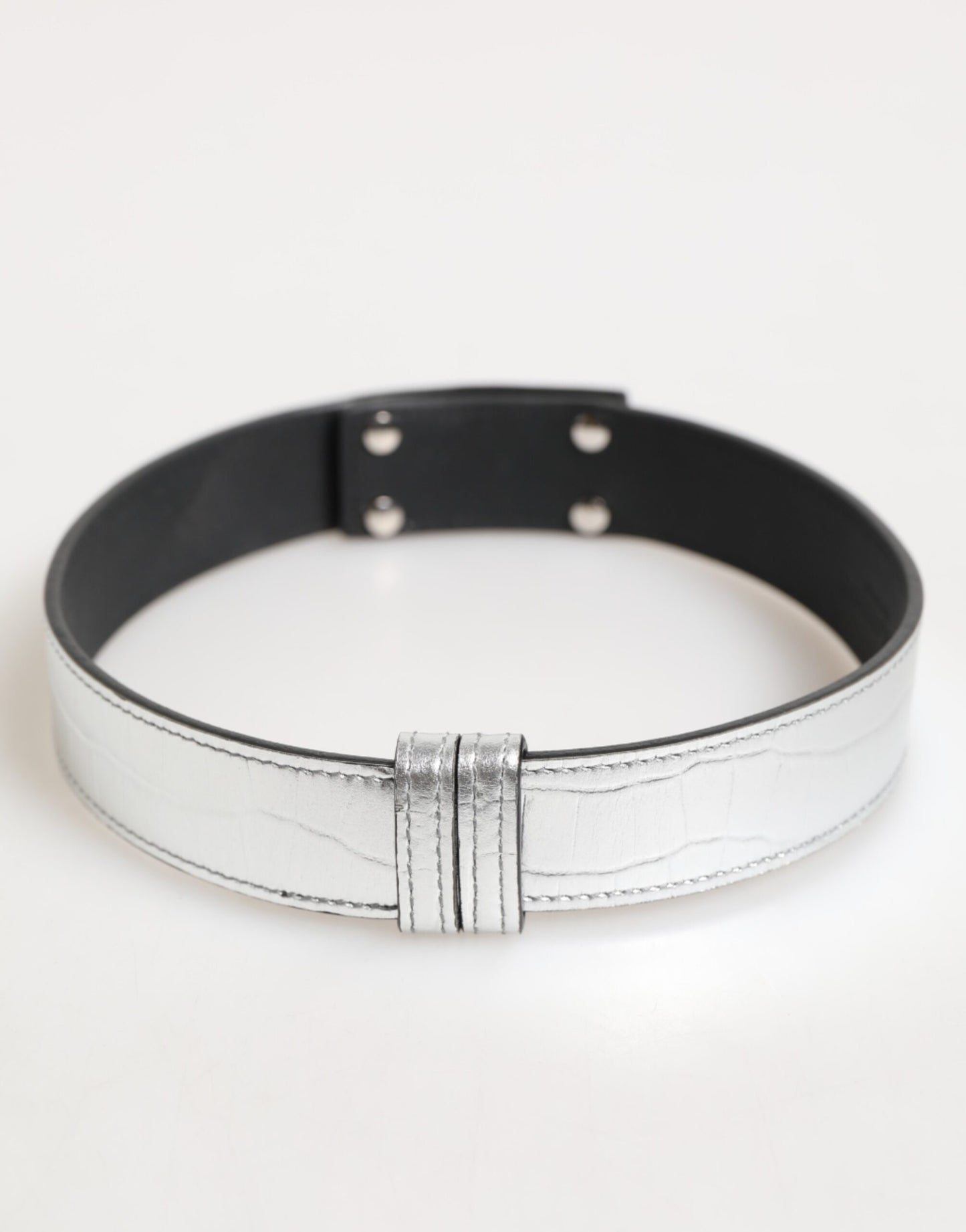 Silver Textured Leather Gold Tone Metal Neckband