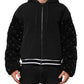 Black Cotton Quilted Studded Sleeve Hoodie Jacket
