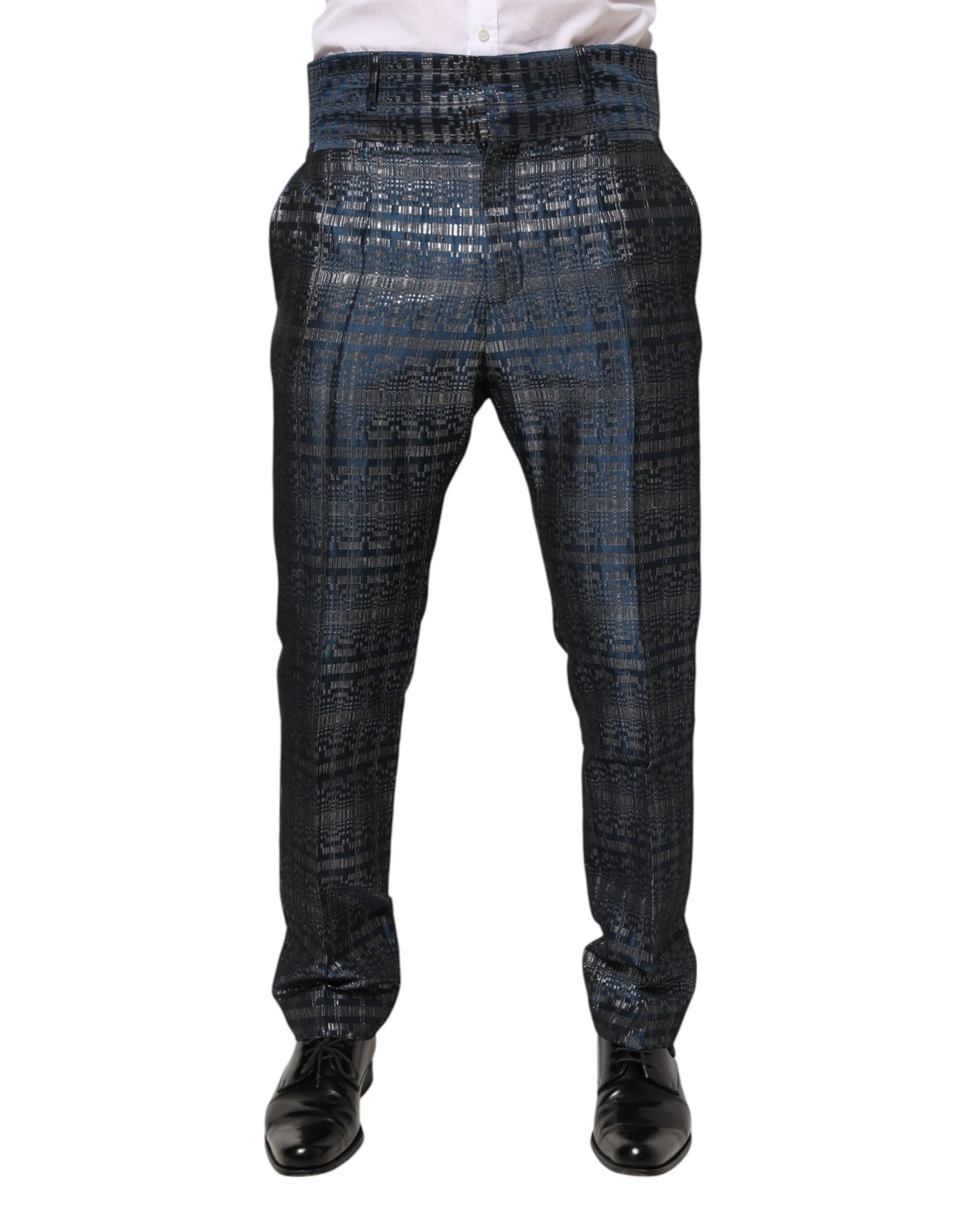 Blue Silver Shiny Silk Skinny Men Trouser Pants