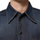 Blue Denim Button Casual Logo Patch Men Shirt