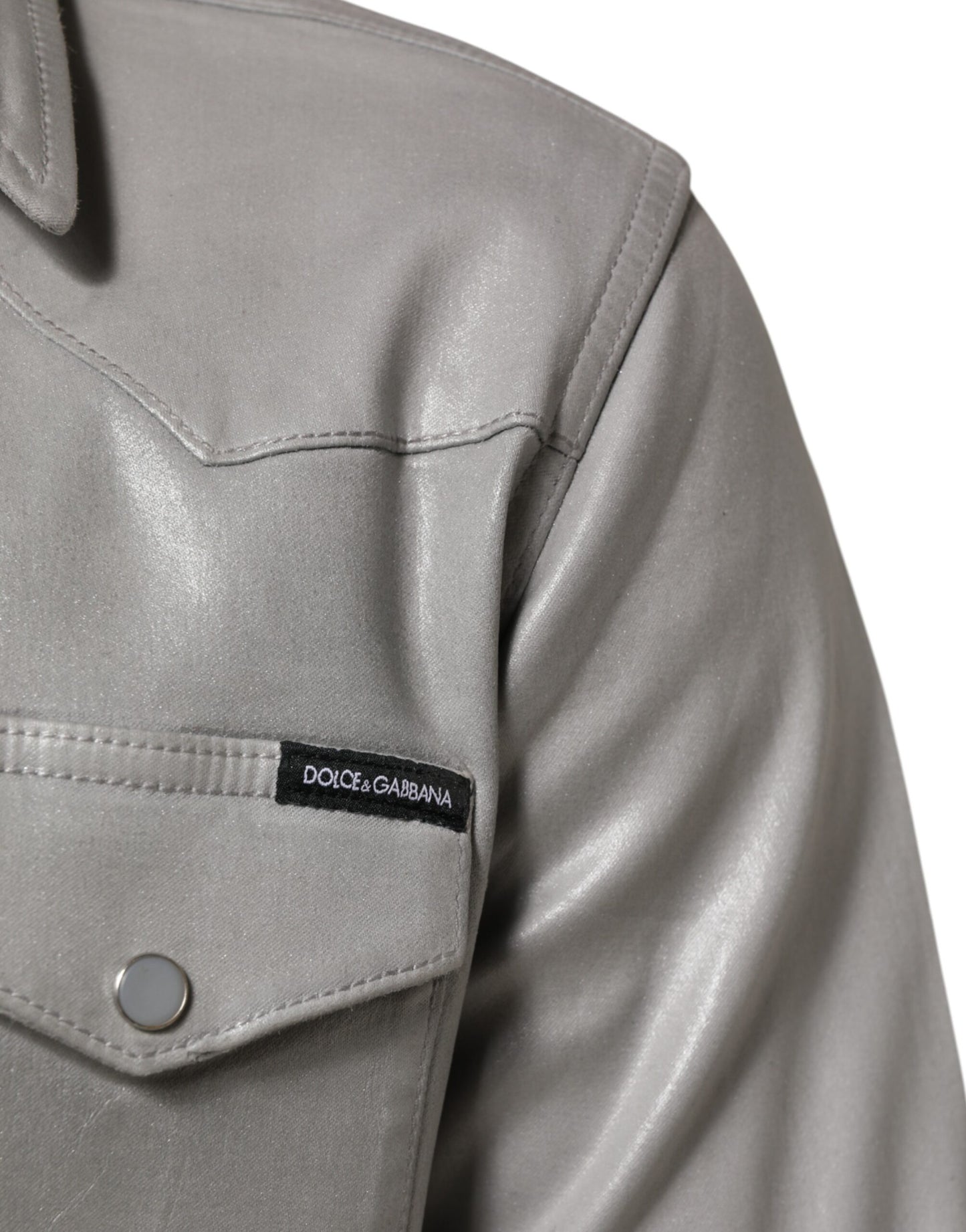 Gray Coated Cotton Snap Button Logo Men Shirt