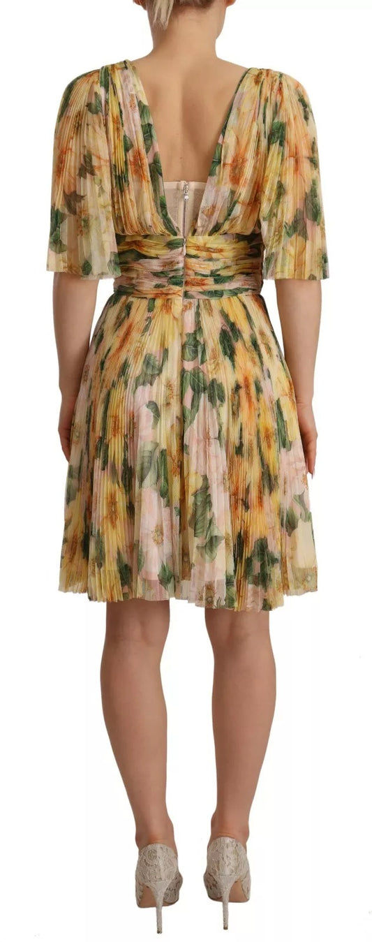 Yellow Floral Print Pleated Maxi Dress