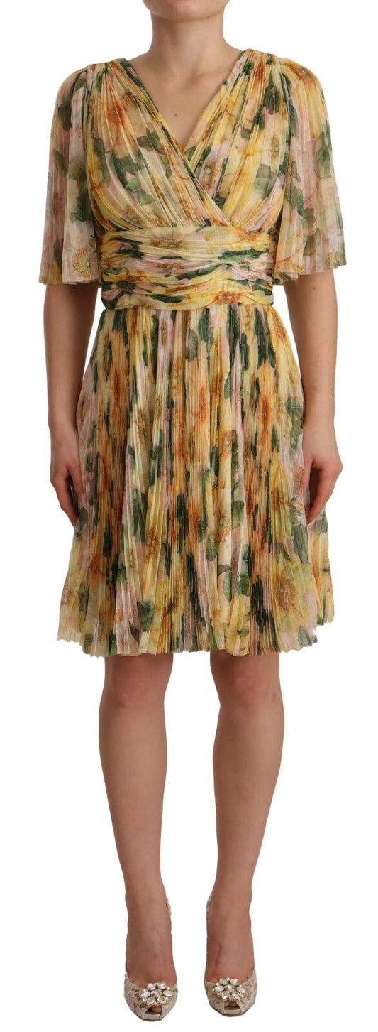 Yellow Floral Print Pleated Maxi Dress