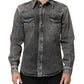 Black Washed Cotton Snap Long Sleeve Casual Shirt