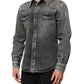 Black Washed Cotton Snap Long Sleeve Casual Shirt