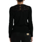 Black Silk Lace Trim Long Sleeves Blouse Top