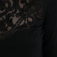 Black Silk Lace Trim Long Sleeves Blouse Top