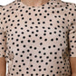Beige Black Polka Dot Silk Short Sleeve Blouse Top