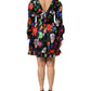 Dress Black Multicolor Floral Ruffle Long Sleeve Mini Dress