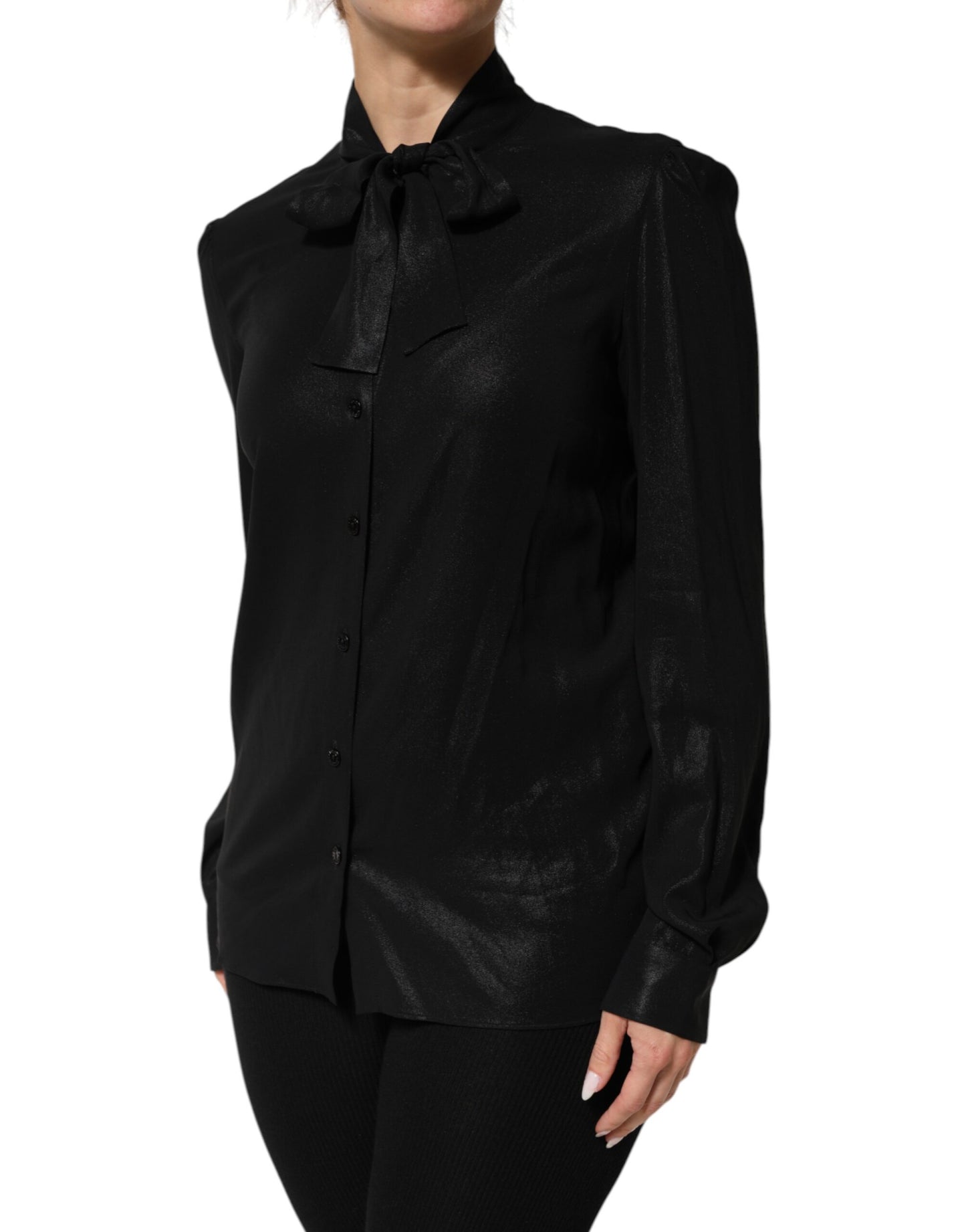 Black Viscose Long Sleeve Tie Neck Blouse Top