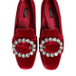Red Velvet Crystal Buckle Loafers Flats Shoes