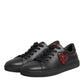 Black Leather Crystal Heart Low Top Sneakers  Shoes