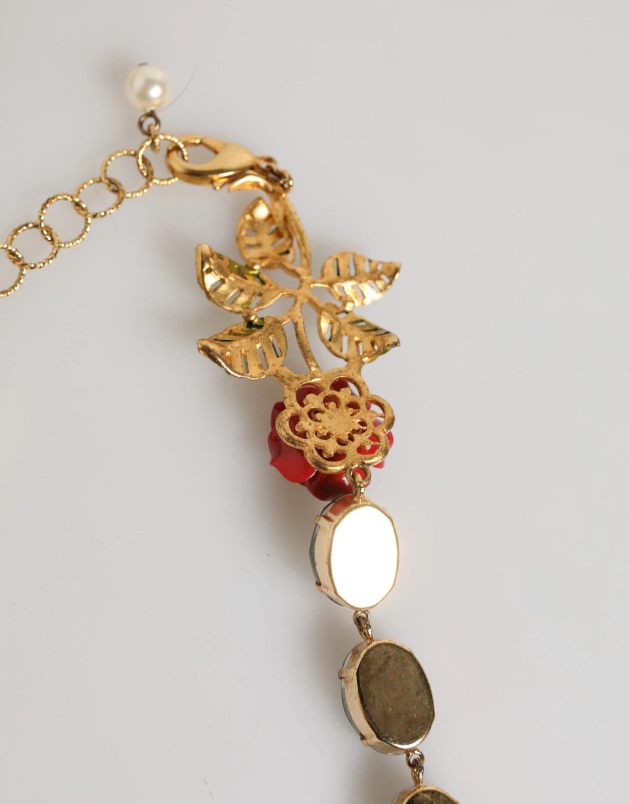 Red Rose Green Crystal Gold-Tone Chain Necklace