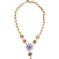 Gold Brass Crystal Pearl Purple Floral Pendant Jewelry Necklace
