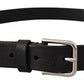 Calf Leather Silver Tone Black Metal Buckle Belt