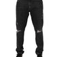 Black Cotton Slim Fit Distressed Ripped Logo Jeans