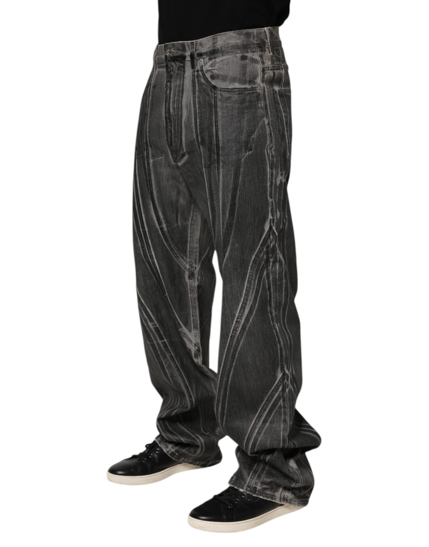Black Grey Graphic Print Denim Pants Jeans