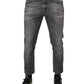 Grey Cotton Denim Slim Fit Distressed Pants Jeans