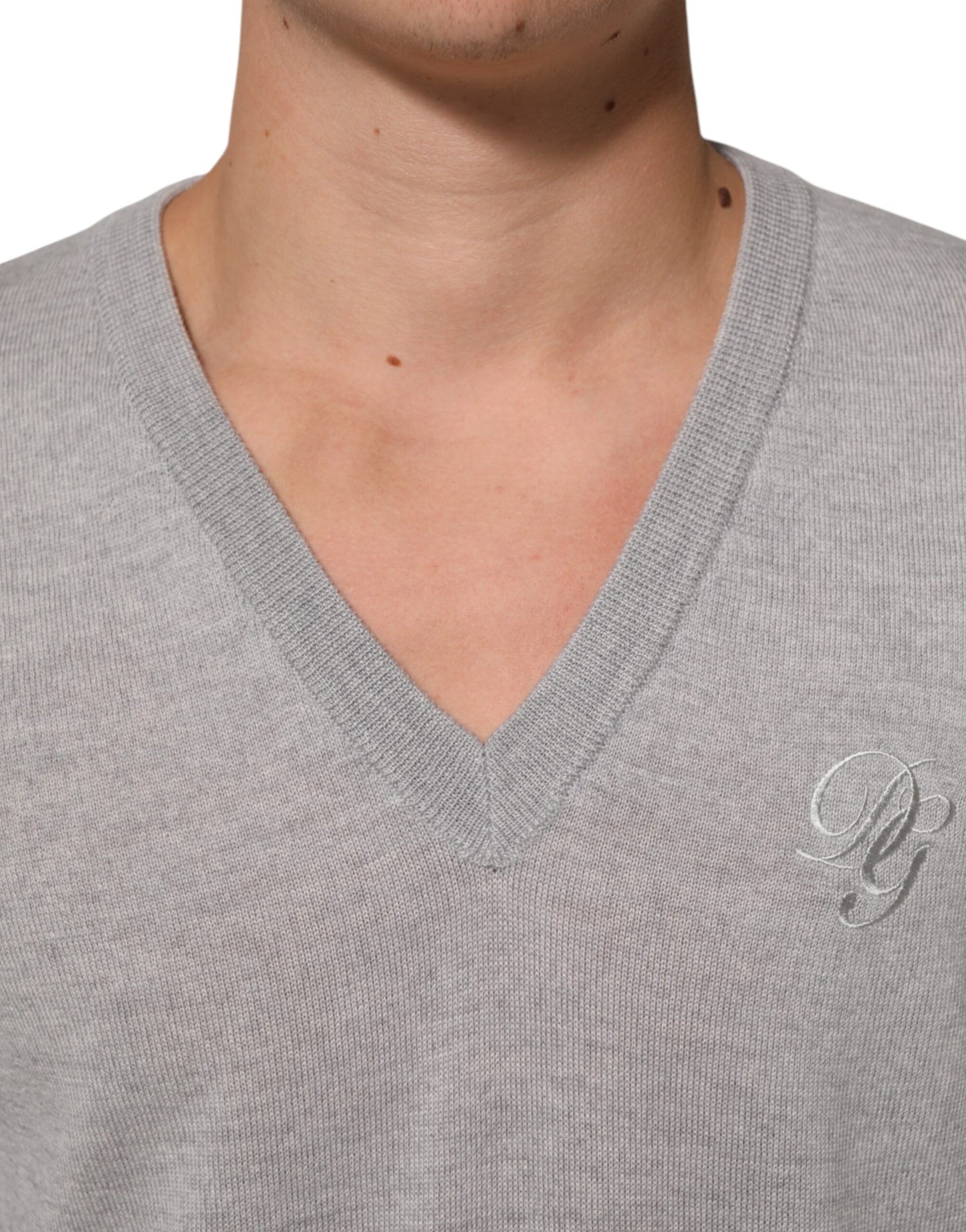 Gray Wool Knit Logo V-Neck Pullover Sweater